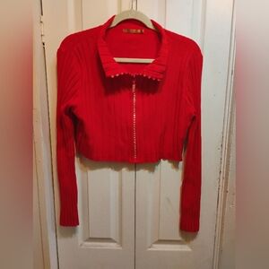 Red Ribbed Zip-Up Cardigan